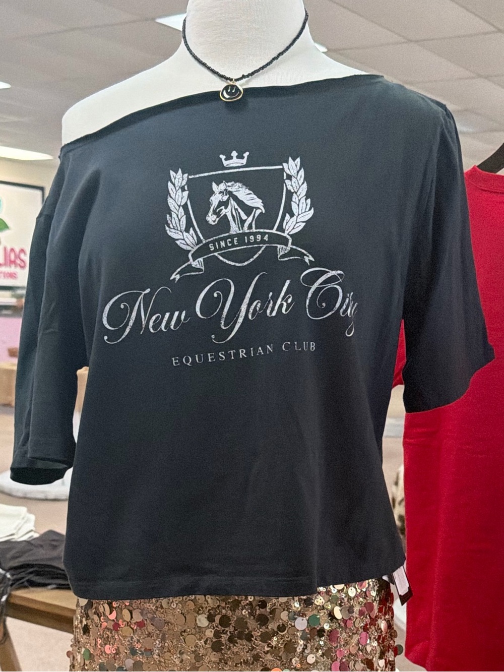 New York City Equestrian Club Off-Shoulder Tee - Black